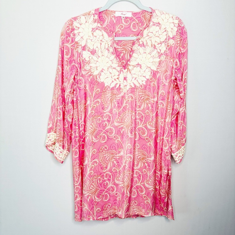 Amaya Pink Silk Tunic Top‎ Size 38/M Floral Embroidered Neckline Cuffs Scroll